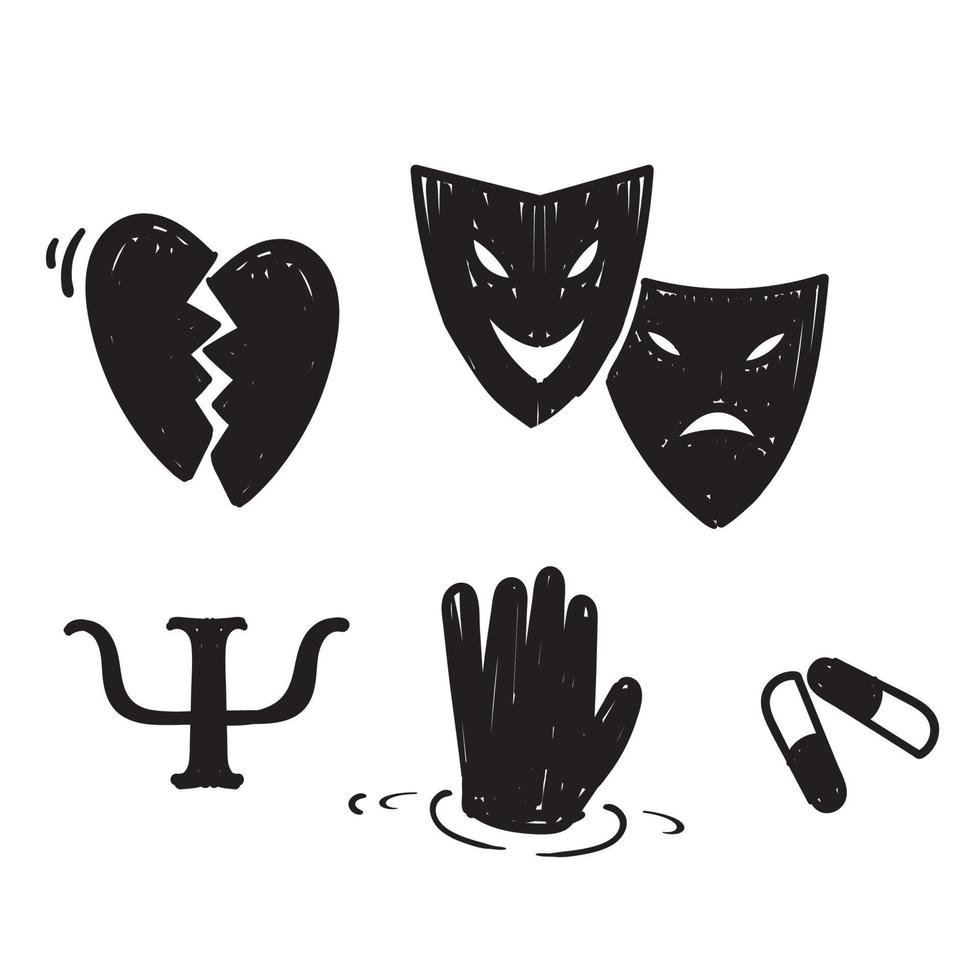 hand drawn doodle Set of Psychology Related Vector Line Icons. isolated background