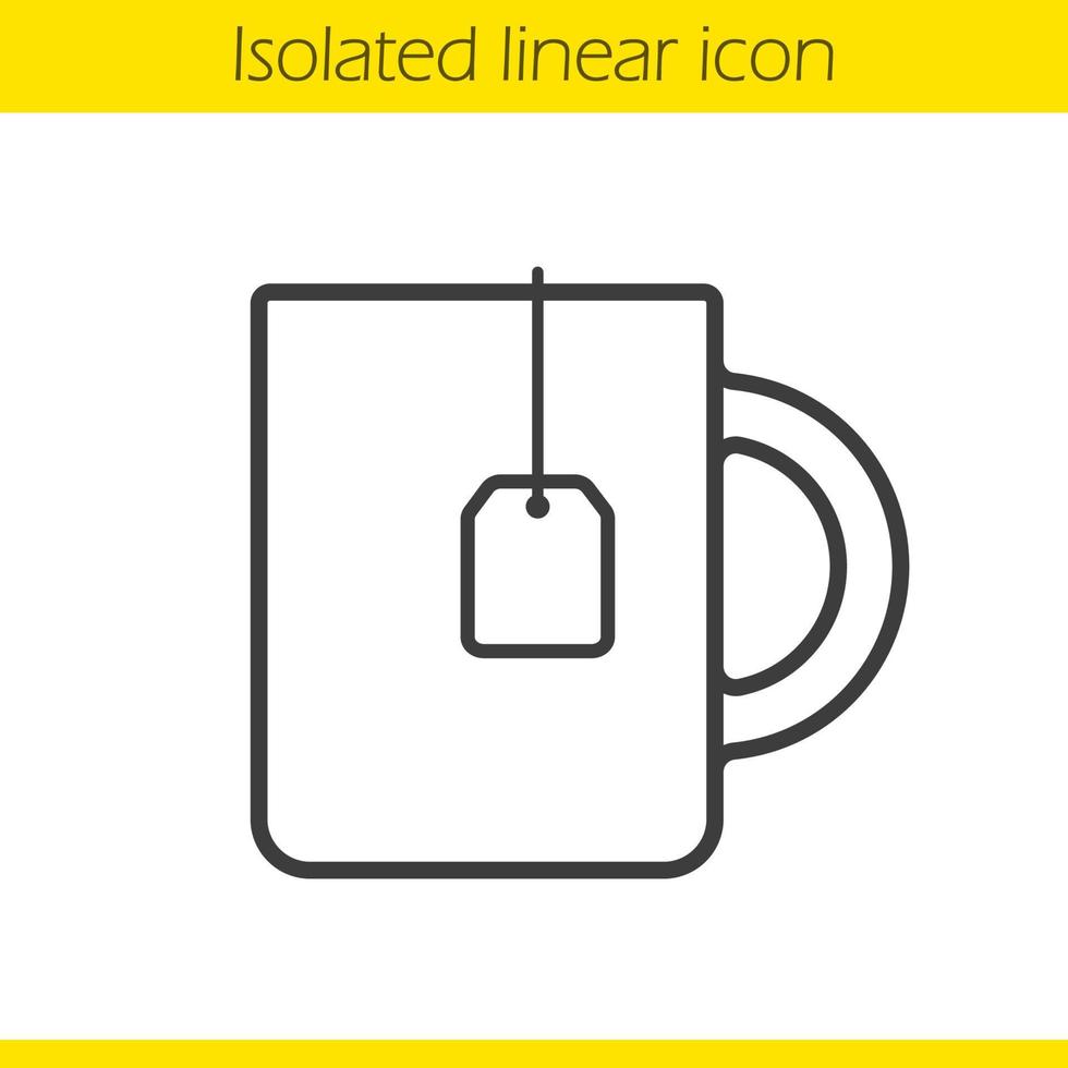 Teacup linear icon. Thin line illustration. Hot drink mug. Contour symbol. Teacup with teabag logo concept. Vector isolated outline drawing