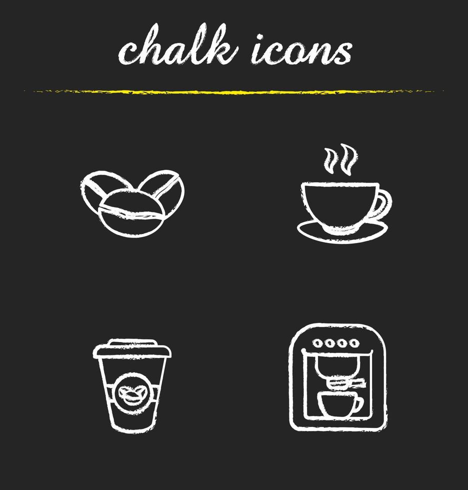 Coffee chalk icons set. Coffee beans, steaming cup, coffee paper cup and coffee machine. White illustrations on blackboard. Vector chalkboard coffee logo concepts