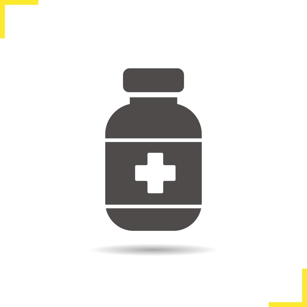 Painkiller icon. Drop shadow pills bottle silhouette symbol. Medicine. Drugstore item. Vector isolated illustration