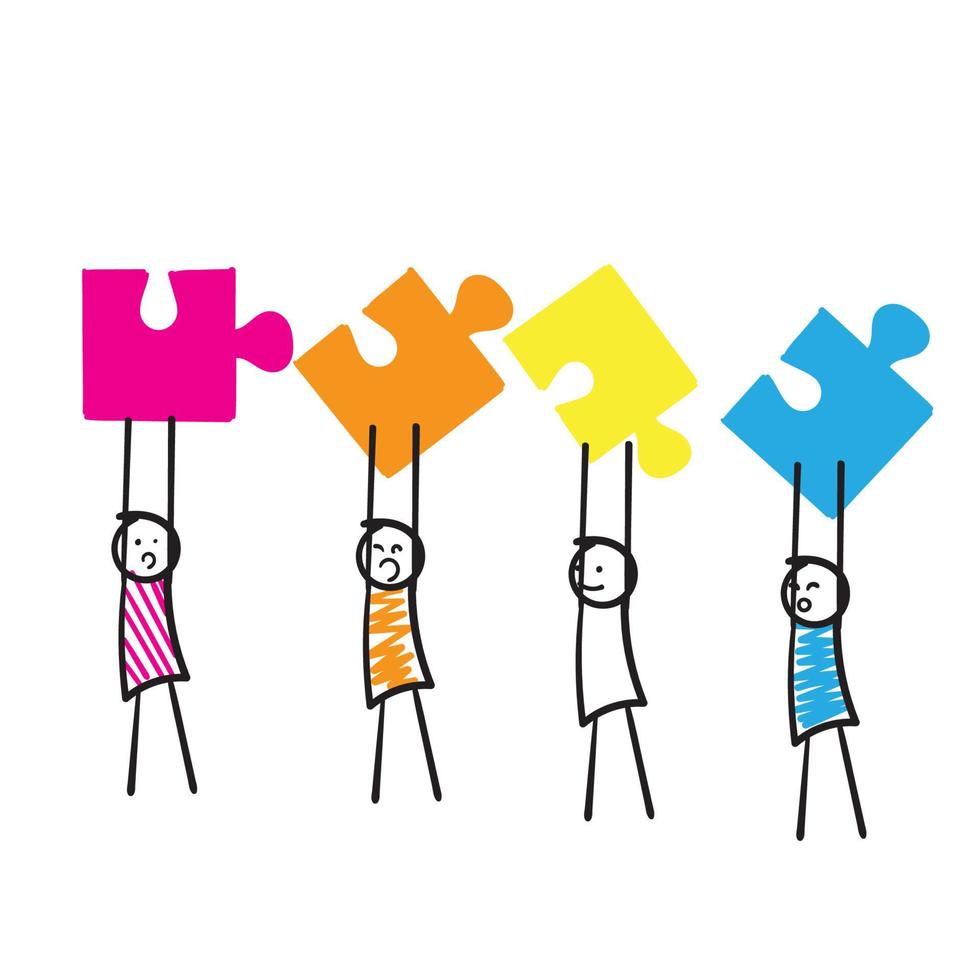 Hombre de palo dibujado a mano sosteniendo el gran símbolo de pieza de rompecabezas para el trabajo en equipo exitoso concepto juntos. contenido de marketing. dibujos animados vector