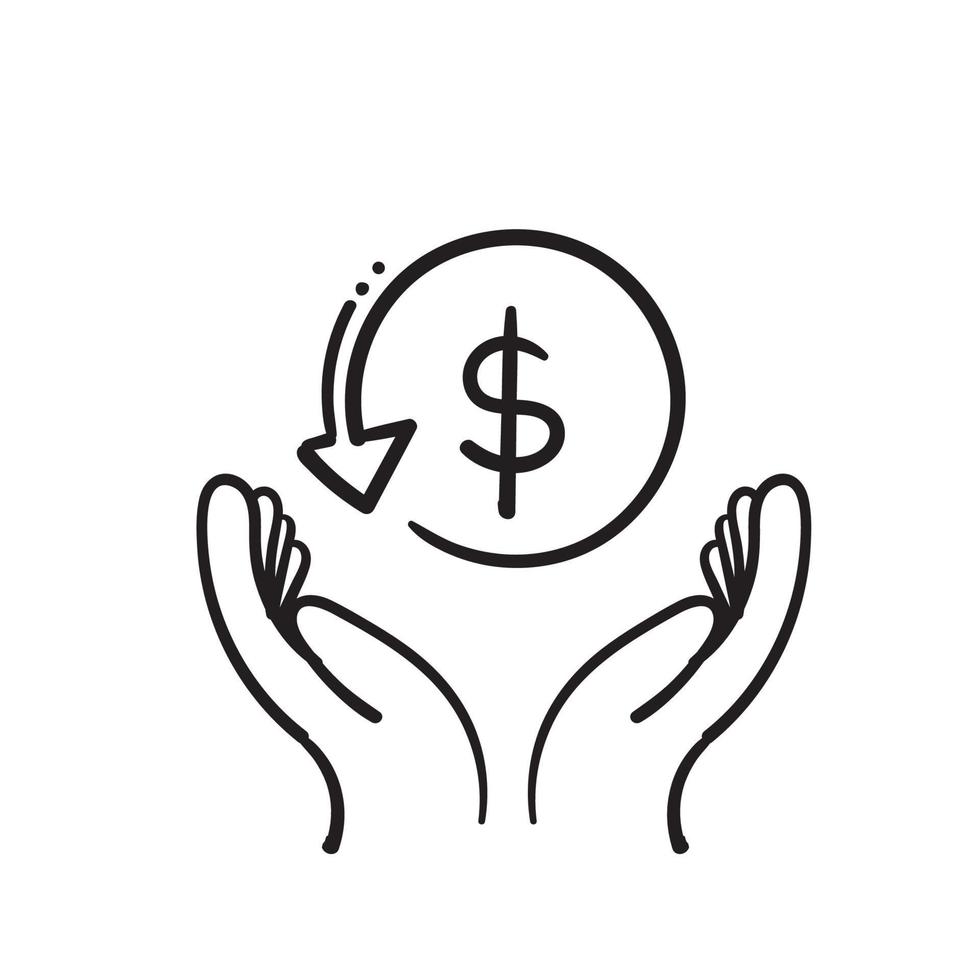 hand drawn hand and money symbol for cashback icon, return money, cash back rebate, thin line web symbol on white background in doodle vector