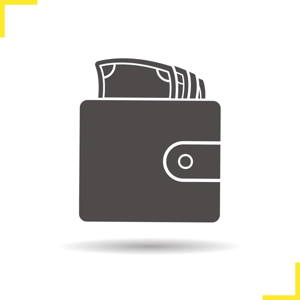 Wallet with money icon. Drop shadow silhouette symbol. Men's purse. Vector isolated illustration