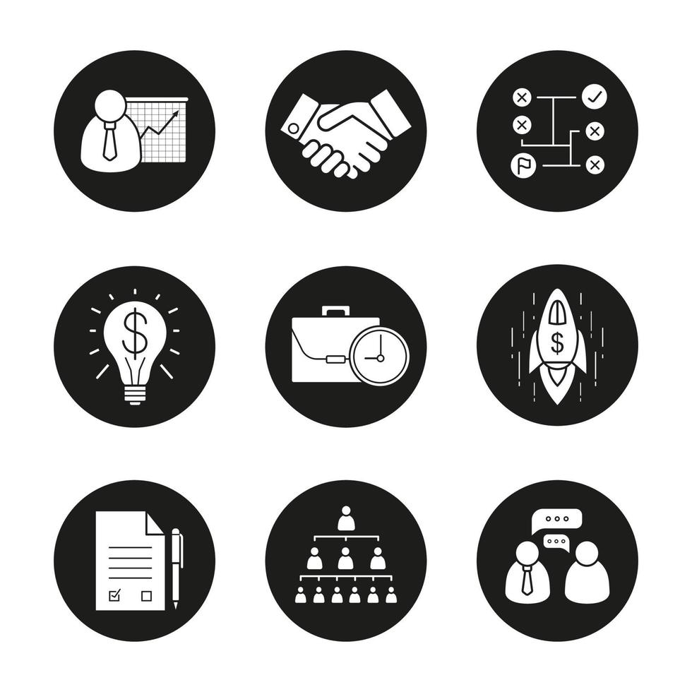 Business black icons set. Teamwork, company hierarchy and work management. Presentation with graph, signed contract and handshake. Vector white illustrations in circles