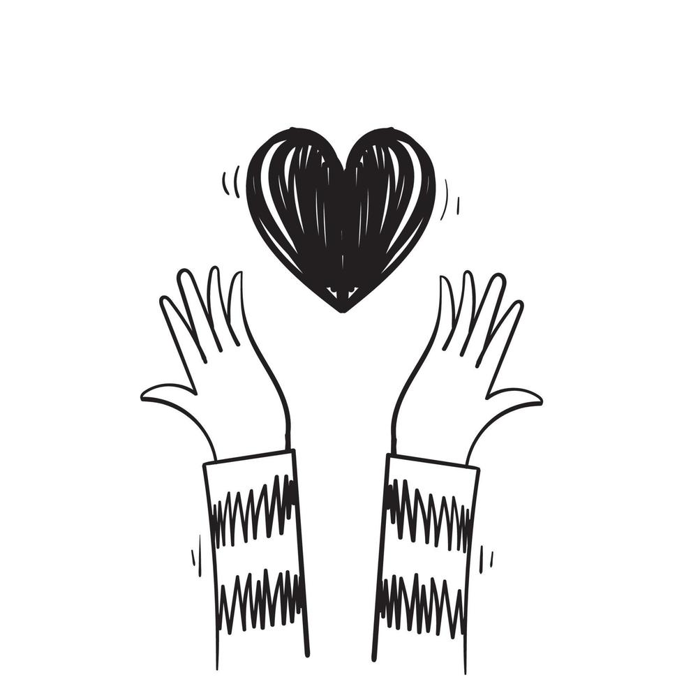 símbolo de corazón de amor dibujado a mano con manos, caridad y concepto de actividad de voluntariado. Campaña de sensibilización y apoyo social. esperanza y protección doodle vector