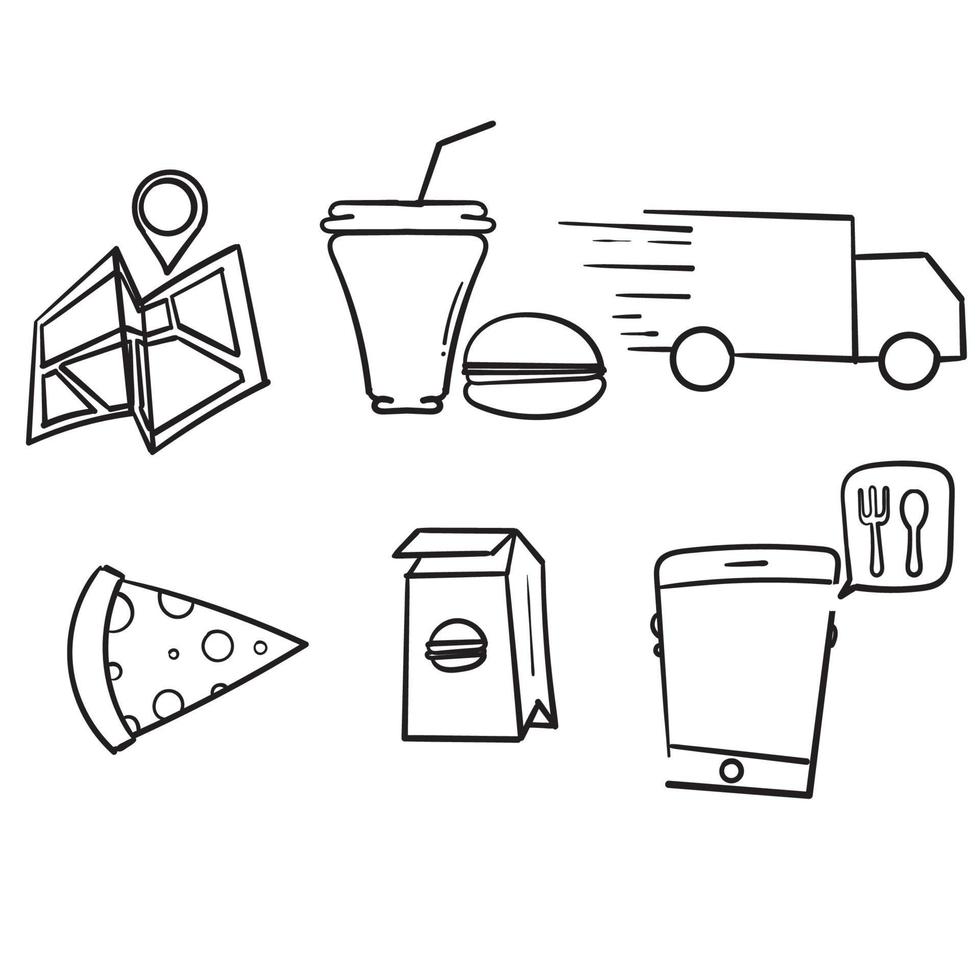 Conjunto simple dibujado a mano de iconos de líneas vectoriales relacionadas con la entrega de alimentos. con fondo aislado estilo doodle vector