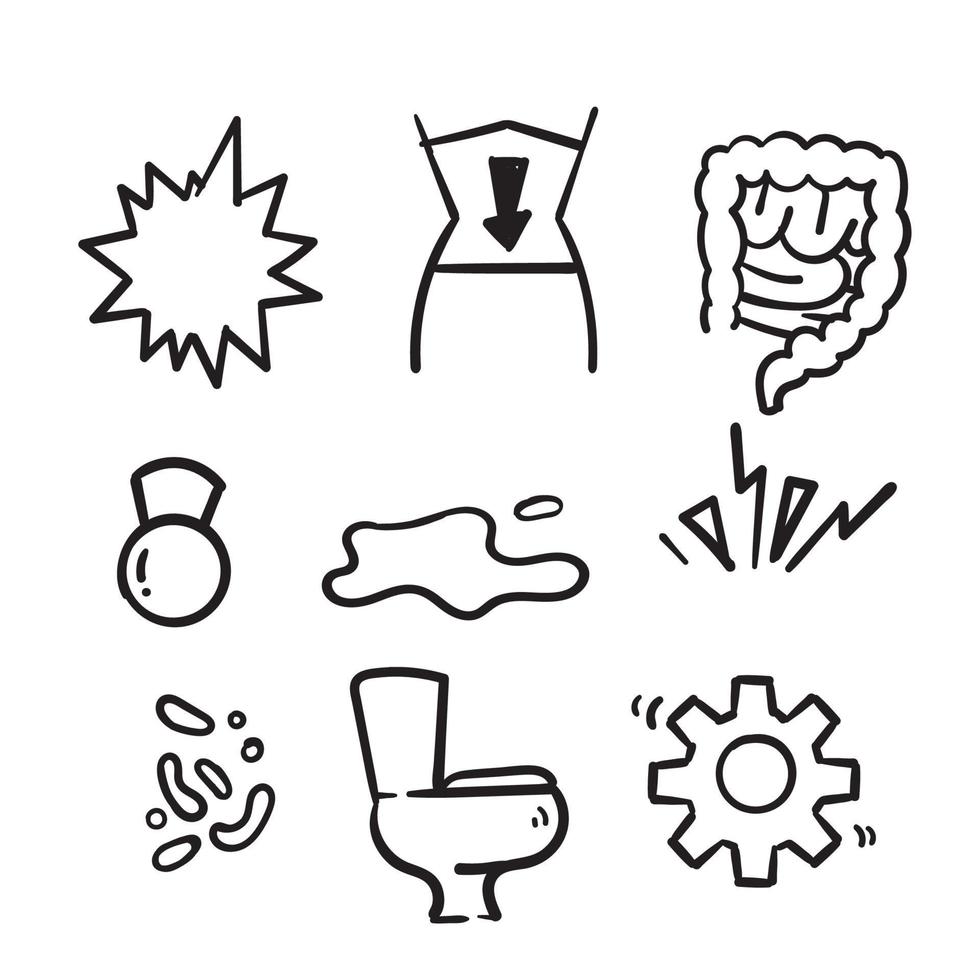 hand drawn Symptoms of abdominal disease flat line icons set in doodle style vector isolated