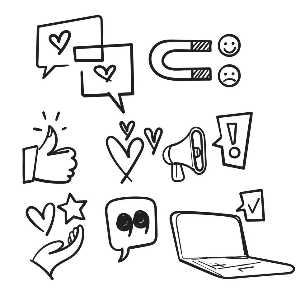 hand drawn set of feedback icons, research, comment, review, customer, survey, in doodle style vector isolated