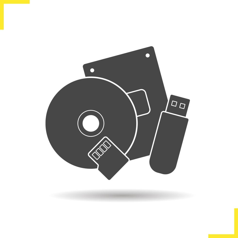 Data storage devices icon. Drop shadow usb flash drive, cd and flash card silhouette symbol. Computer data storage equipment. Vector isolated illustration