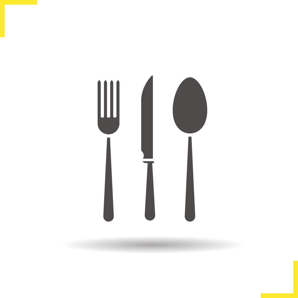 Cutlery set icon. Drop shadow fork, table knife and spoon silhouette symbol. Kitchen appliances. Cooking instruments. Vector isolated illustration