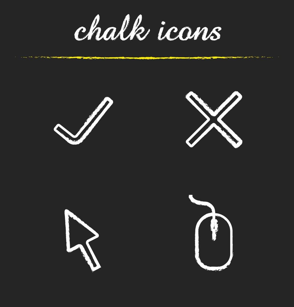Computer icons set. Accept and cancel symbols, computer mouse and cursor illustrations. Isolated vector chalkboard drawings