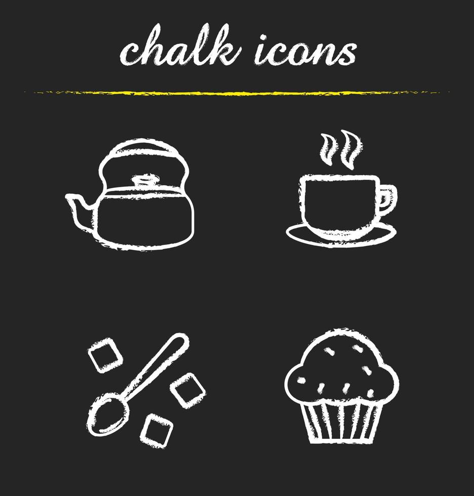 Tea and coffee icons set. Kettle, steaming cup, spoon with raffinade sugar and muffin illustrations. Coffee and tea isolated vector chalkboard drawings