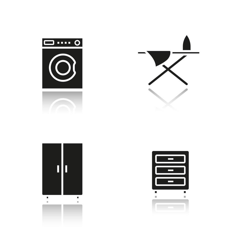 Furniture drop shadow black icons set. Washing machine, dresser, wardrobe and ironing board. Isolated vector illustrations