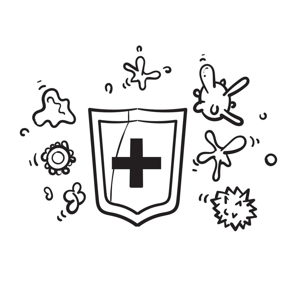 hand drawn shield with Virus germs and bacteria protection illustration. Healthy immune system icon symbol. doodle style vector