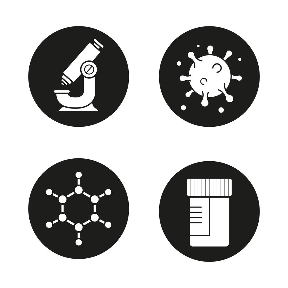 Conjunto de iconos negros de artículos de laboratorio químico. tarro de microscopio y pruebas médicas. estructura de virus y moléculas. vector, siluetas blancas, ilustraciones, en, círculos vector