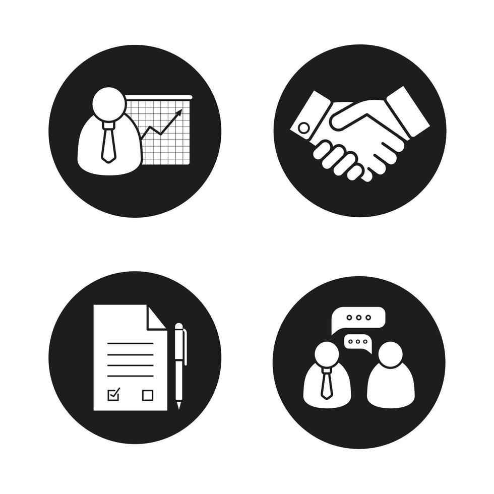 conjunto de iconos negros de negocios. presentación con gráfico, apretón de manos, contrato firmado y símbolos de conversación comercial. vector, siluetas blancas, ilustraciones, en, círculos vector