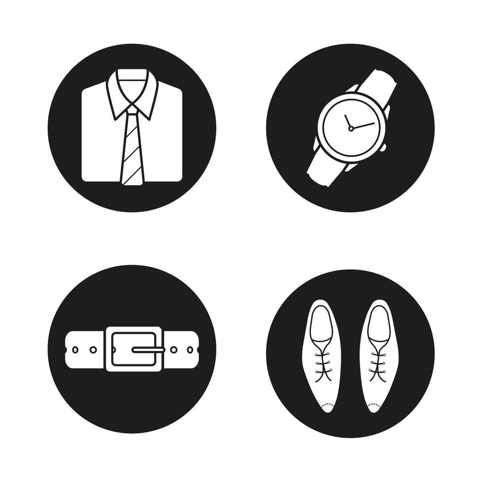 Men's accessories icons set. Shirt and tie, wristwatch, leather belt and classic shoes. Vector white silhouettes illustrations in black circles