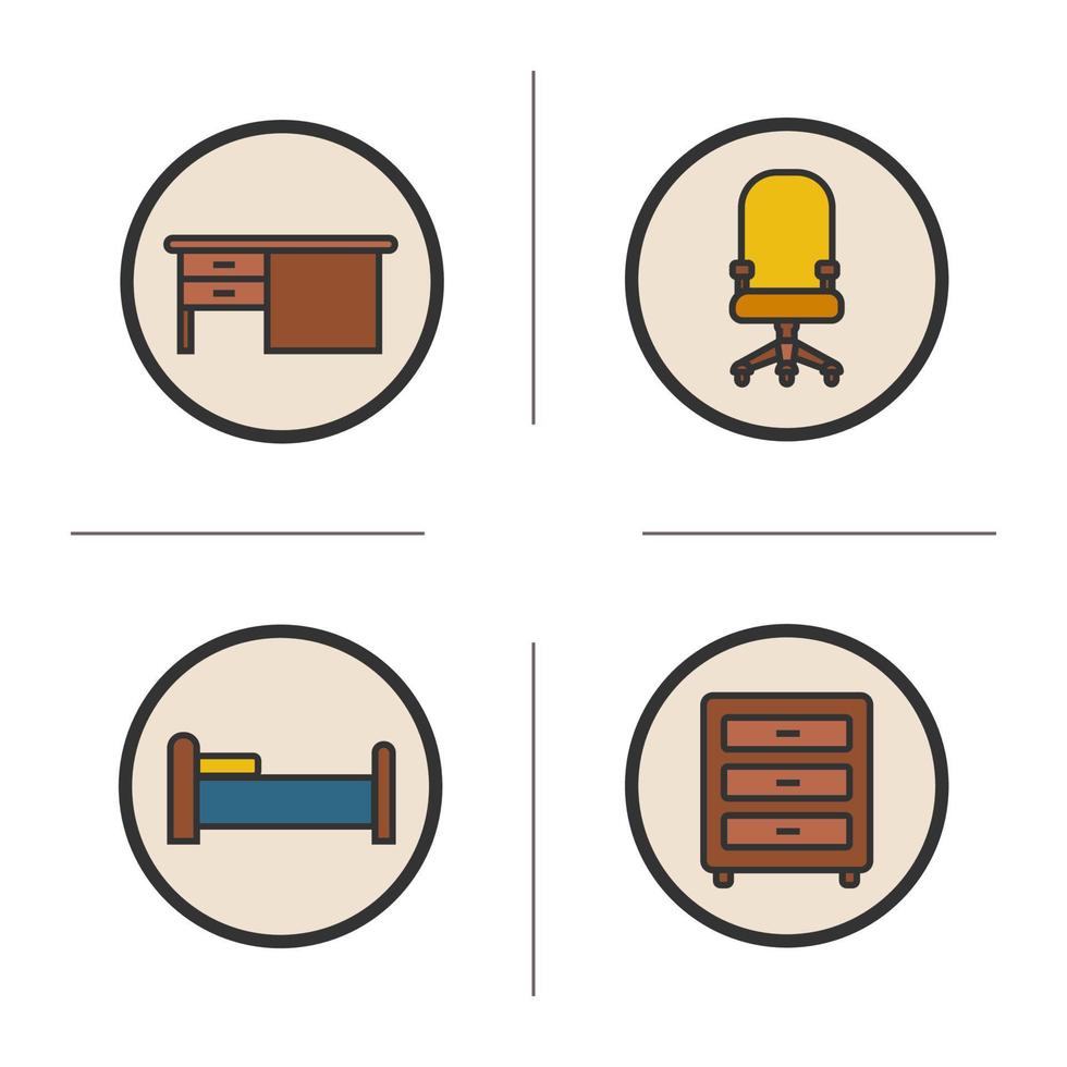 Furniture color icons set. Writing desk, computer chair, bed and dresser. Interior items. Vector isolated illustrations