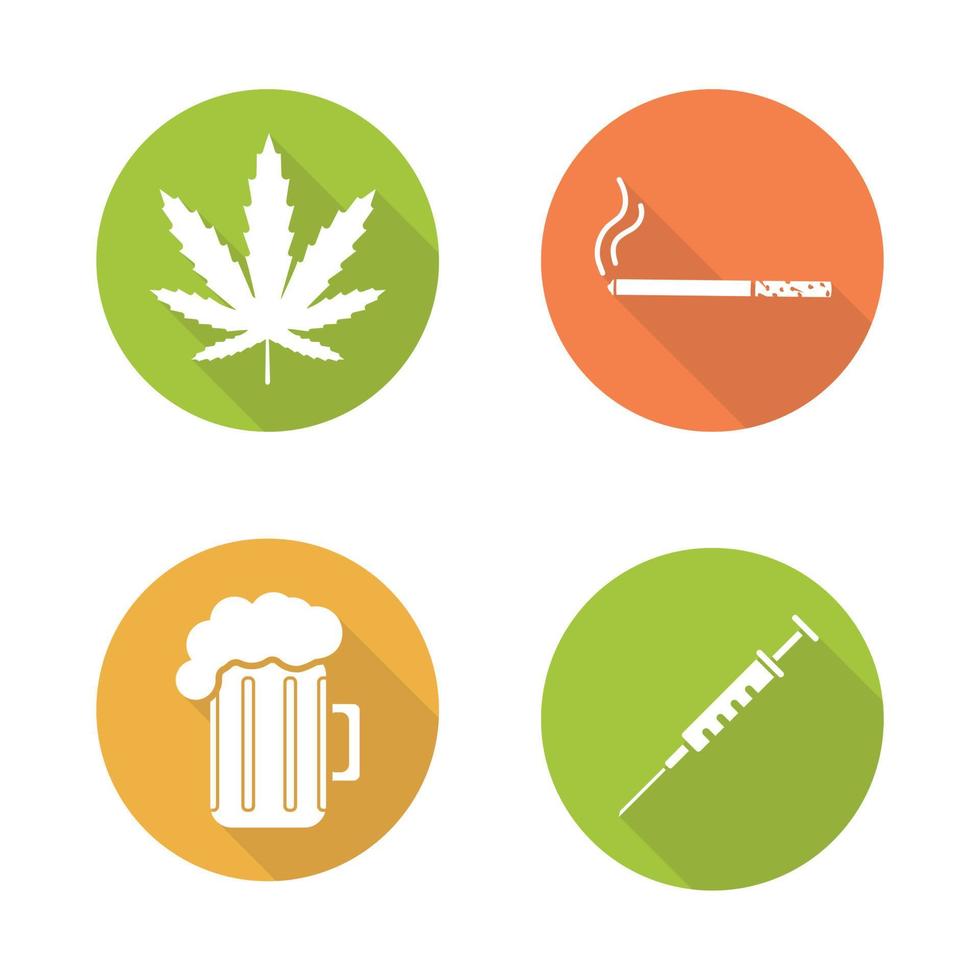 Conjunto de iconos de larga sombra de diseño plano de malos hábitos. signos de fumar, beber alcohol y drogas. hoja de marihuana, cigarrillo, jarra de cerveza y jeringa. símbolos vectoriales vector