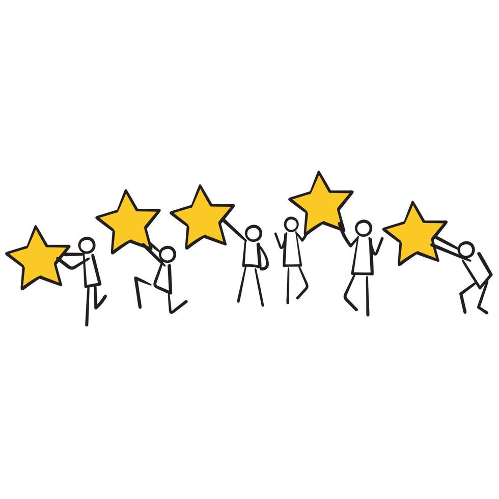 hand drawn User experience feedback icon , stick figure with stars symbol for Clients evaluating product, Consumer product review. doodle style vector