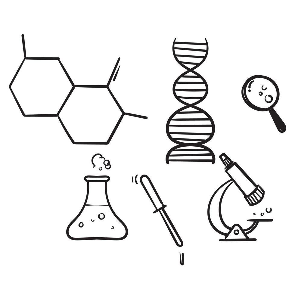 Conjunto dibujado a mano de laboratorio de química e iconos esquemáticos  que muestran una variedad de experimentos, cristalería y moléculas aisladas  en blanco para elementos de diseño en estilo doodle 4637010 Vector