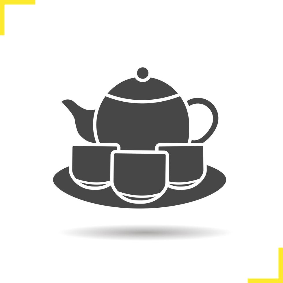 Tea set icon. Drop shadow tea ceremony silhouette symbol. Teapot, cups and plate. Vector isolated illustration