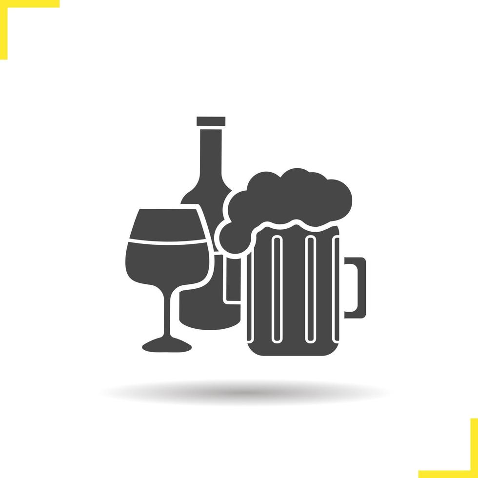 Alcohol icon. Drop shadow foamy beer mug, wineglass and wine bottle silhouette symbol. Alcoholic drinks. Vector isolated illustration