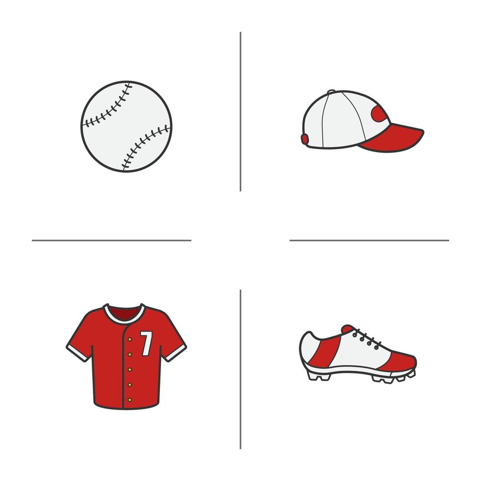 Conjunto de iconos de colores de accesorios de béisbol. gorra, camiseta y zapato de jugador de softbol, pelota de béisbol. ilustraciones vectoriales aisladas vector