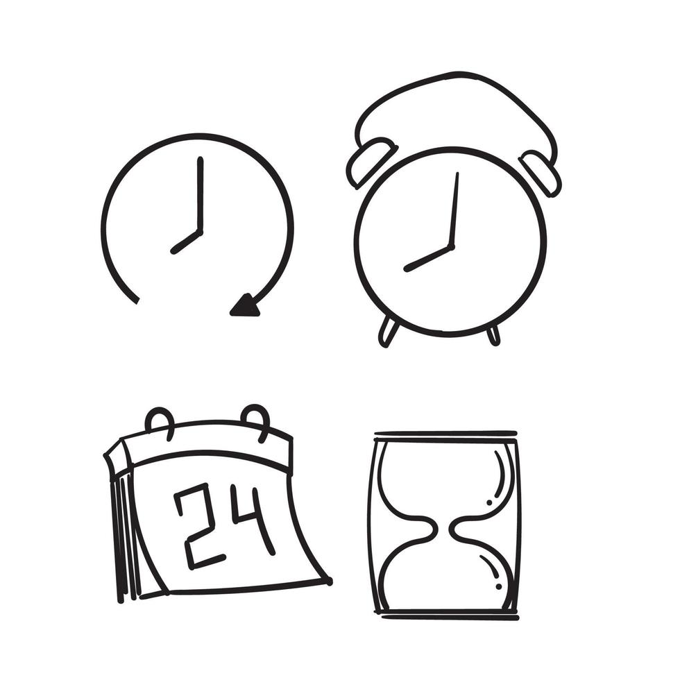 Dibujado a mano iconos lineales de vector de tiempo y reloj.Gestión del tiempo. temporizador, velocidad, alarma, gestión del tiempo, vector de ilustración de símbolo de calendario. garabatear