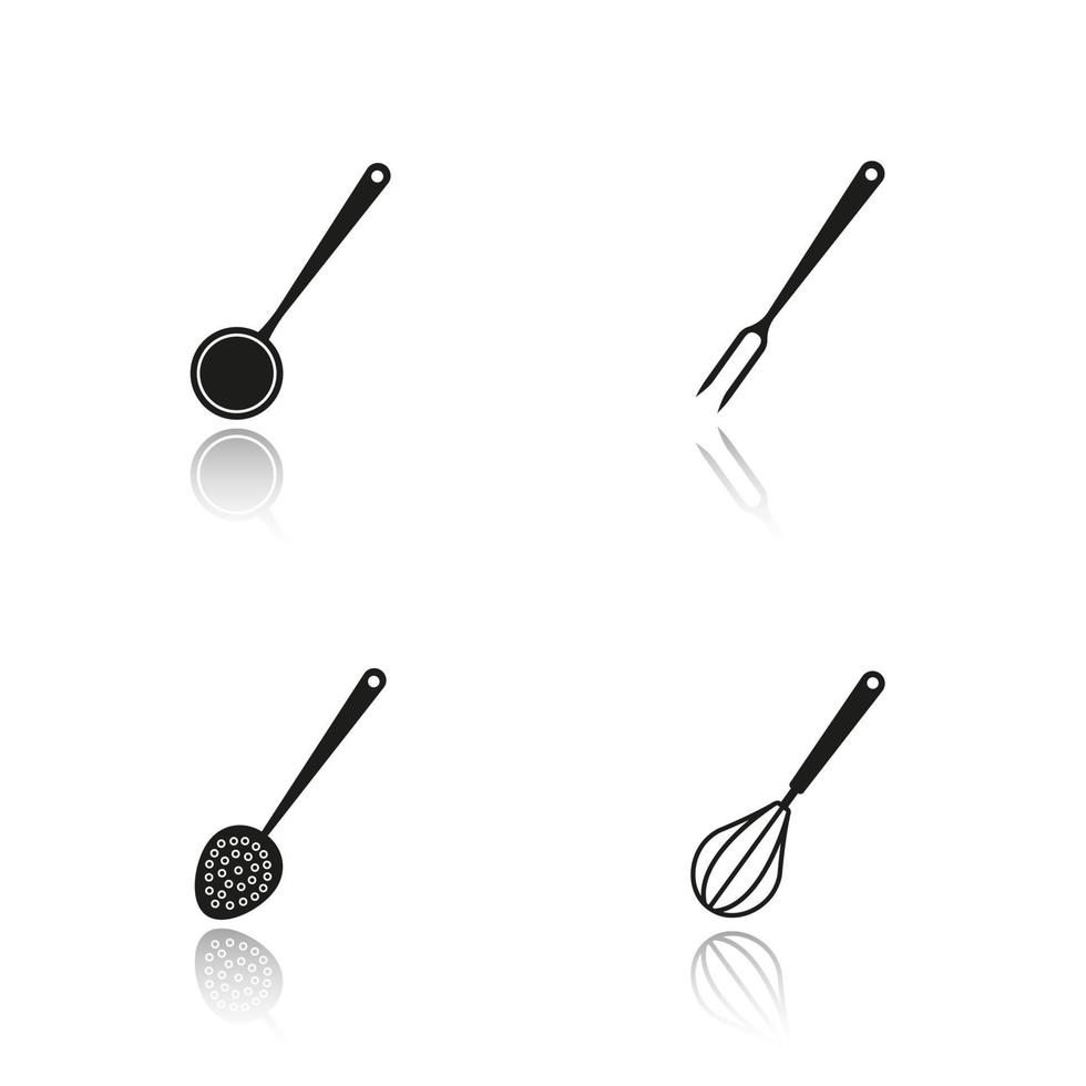 Kitchenware drop shadow black icons set. Ladle, carving fork, skimmer and whisk. Isolated vector illustrations