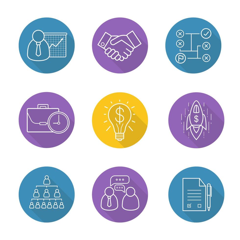 Business flat linear long shadow icons set. Teamwork, company hierarchy, work management, presentation with graph, signed contract and handshake. Successful idea and solving problems symbols. Vector