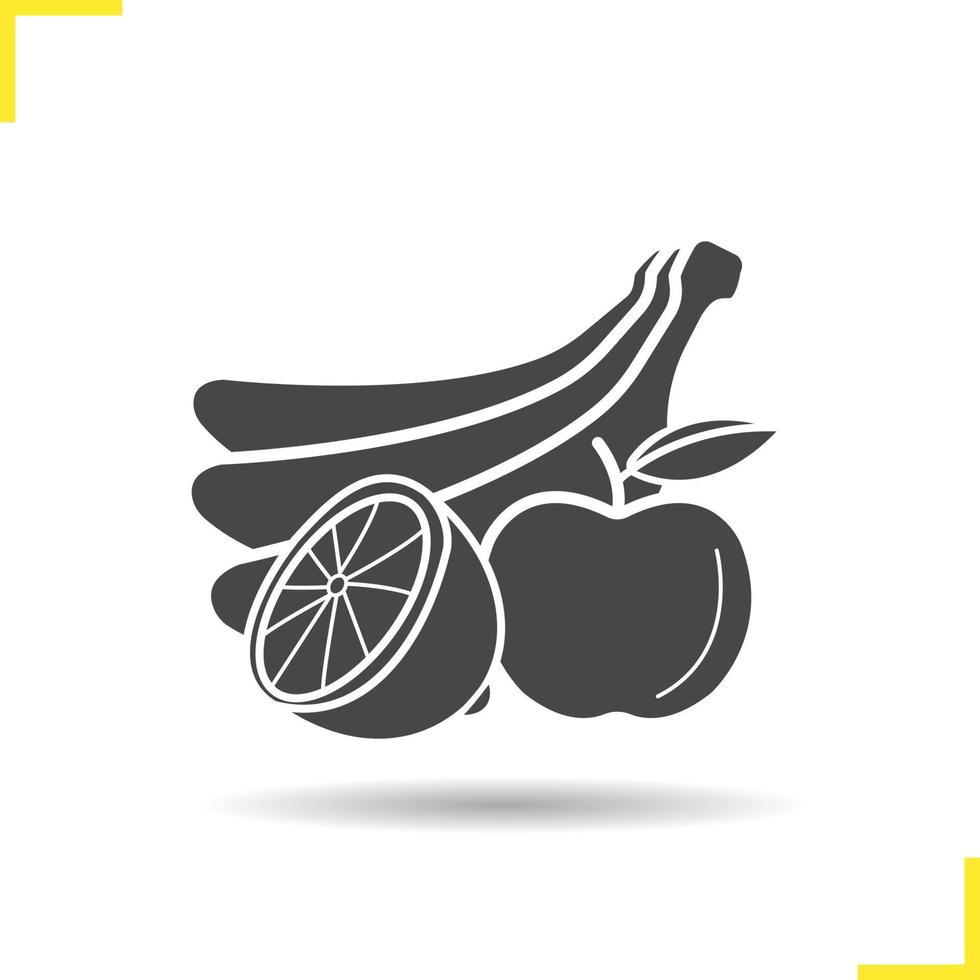 icono de fruta. gota de sombra plátanos, manzana y símbolo de silueta naranja. frutas exóticas y agrícolas. vector ilustración aislada