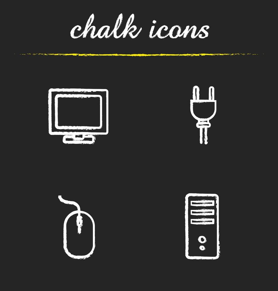 Computer icons set. PC monitor, power socket plug, computer mouse and system unit illustrations. Isolated vector chalkboard drawings