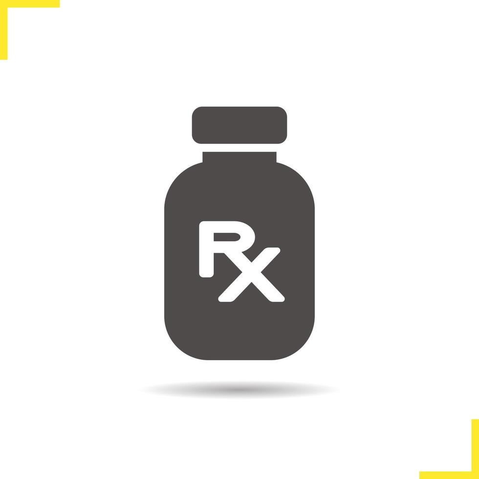Drugs prescription icon. Drop shadow silhouette symbol. Medicine bottle vector isolated illustration
