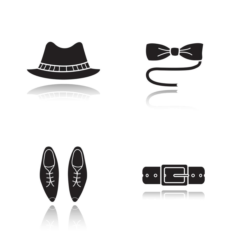 Men's accessories drop shadow black icons set. Homburg hat, butterfly tie, classic shoes and leather belt. Isolated vector illustrations