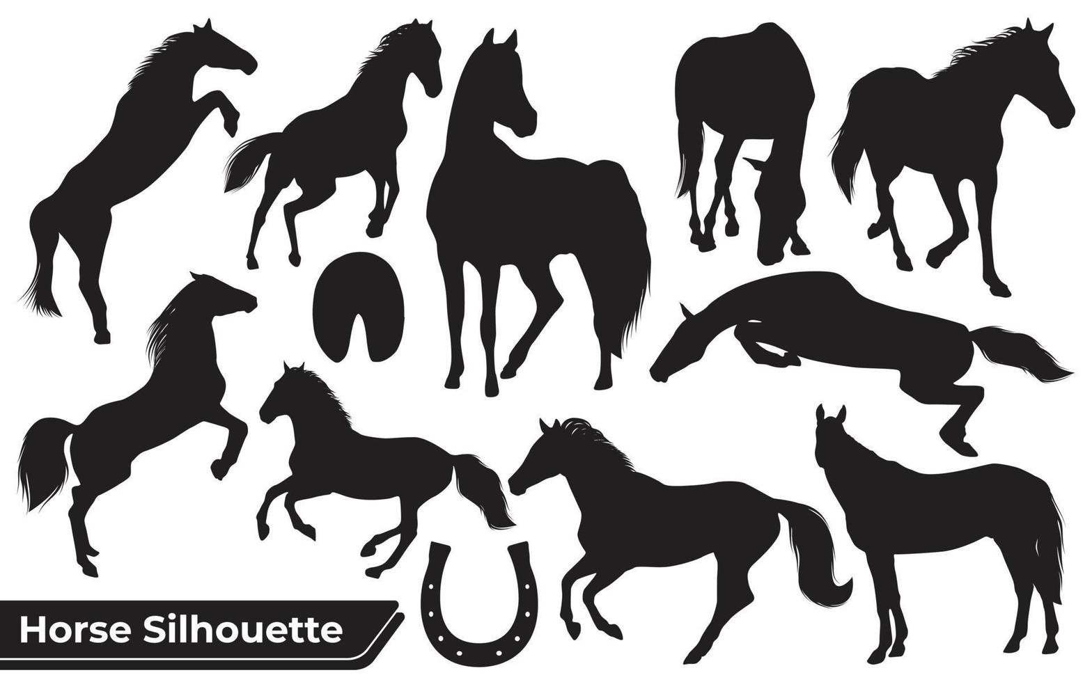 Colección de siluetas de caballos animales en diferentes posiciones. vector