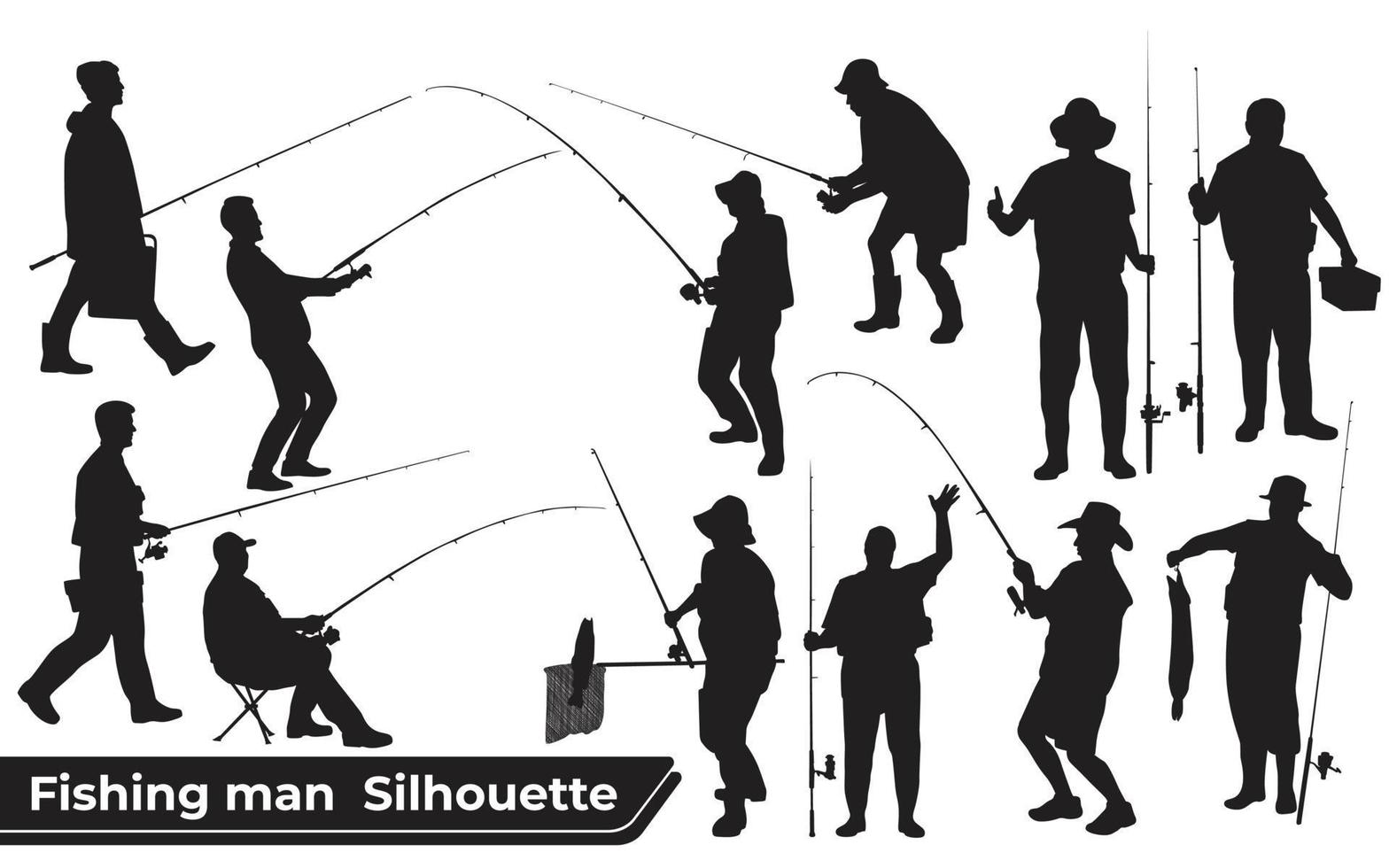 Colección de siluetas de pescadores en diferentes posiciones. vector