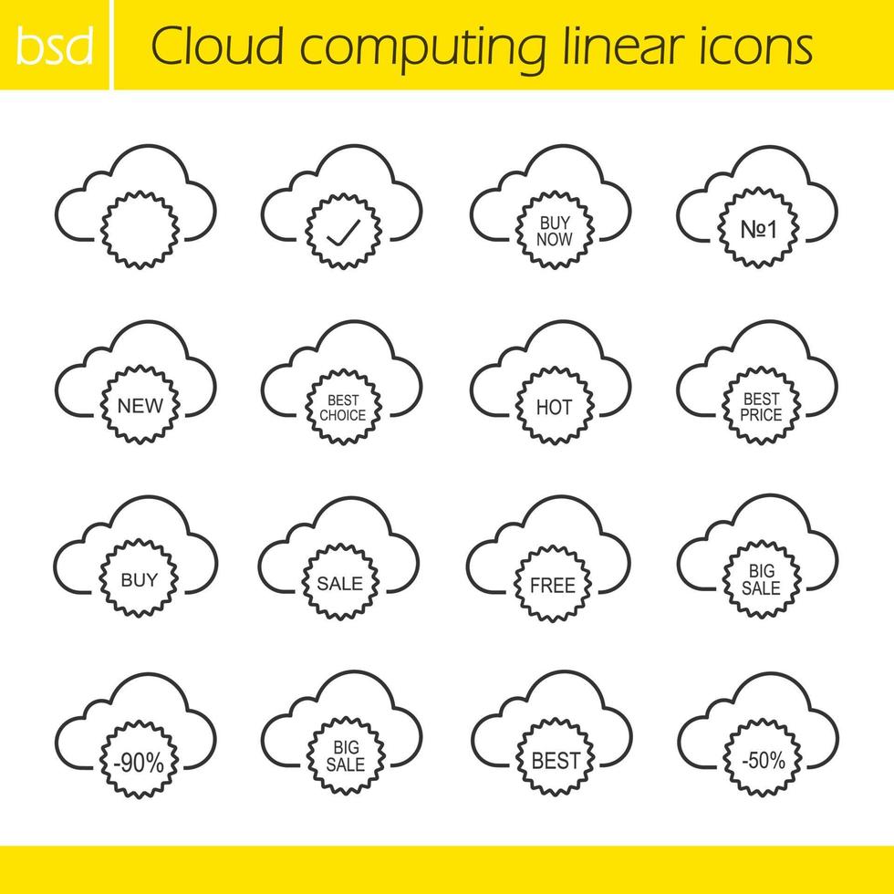 Conjunto de iconos lineales de computación en la nube. compre ahora, la mejor opción y el mejor precio. compra, venta, gratis, nuevos, calientes y mejores iconos. linea fina. ilustraciones vectoriales aisladas vector