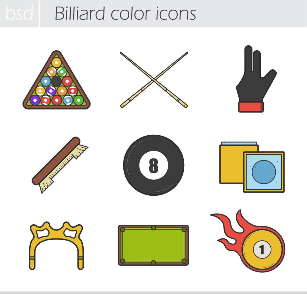 Billiard color icons set. Ball rack, cues, glove, brush, eight ball, chalk, rest head, table and burning ball. Vector isolated illustrations