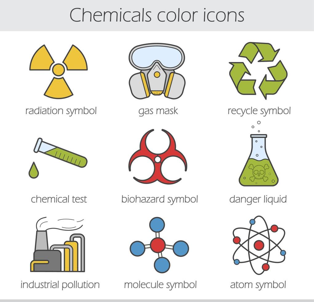 Chemical industry color icons set. Gas mask, recycle symbol, chemical test tube, poison danger, factory pollution. Biohazard, radiation, atom and molecule symbols. Vector isolated illustrations