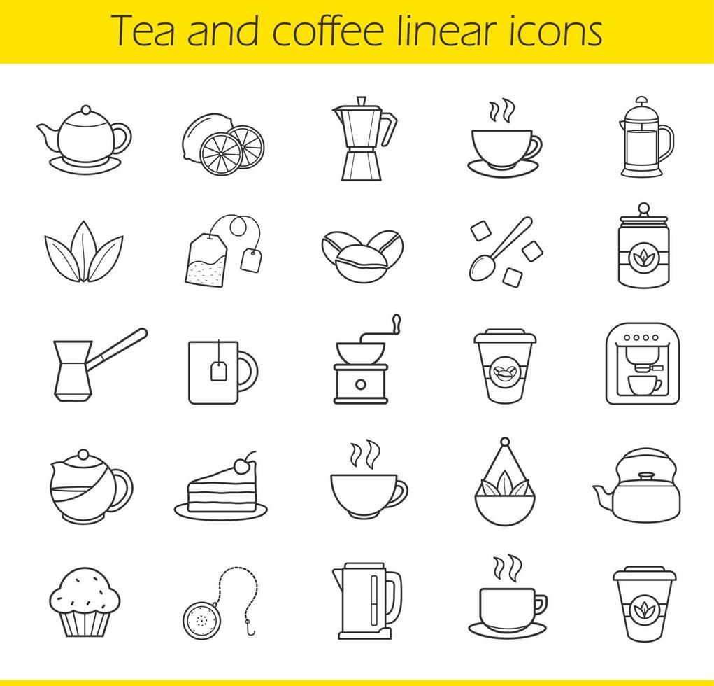 Tea and coffee linear icons set. Moka pot, espresso machine, steaming teacup, electric kettle, coffee to go paper cup, muffin, turkish cezve. Thin line contour symbols. Isolated vector illustrations