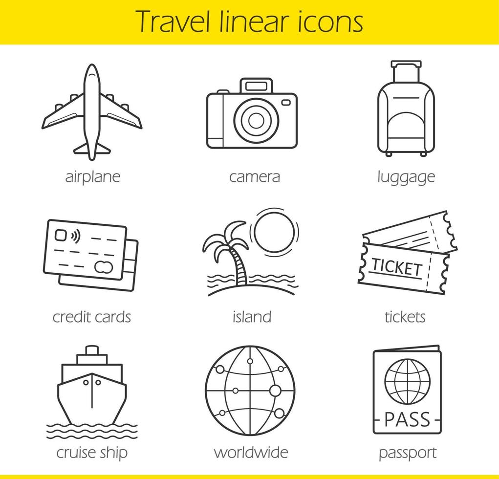 Travelling linear icons set. Airplane, camera, lugagge, credit cards, island, tickets, cruise ship, worldwide and passport symbols. Thin line. Isolated vector illustrations