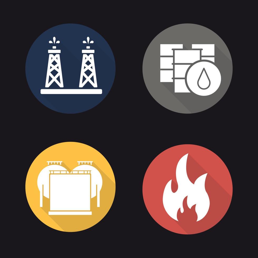 Conjunto de iconos de larga sombra de diseño plano de industria petrolera. plataforma petrolera, barriles y almacenamiento. señal inflamable. símbolos vectoriales vector