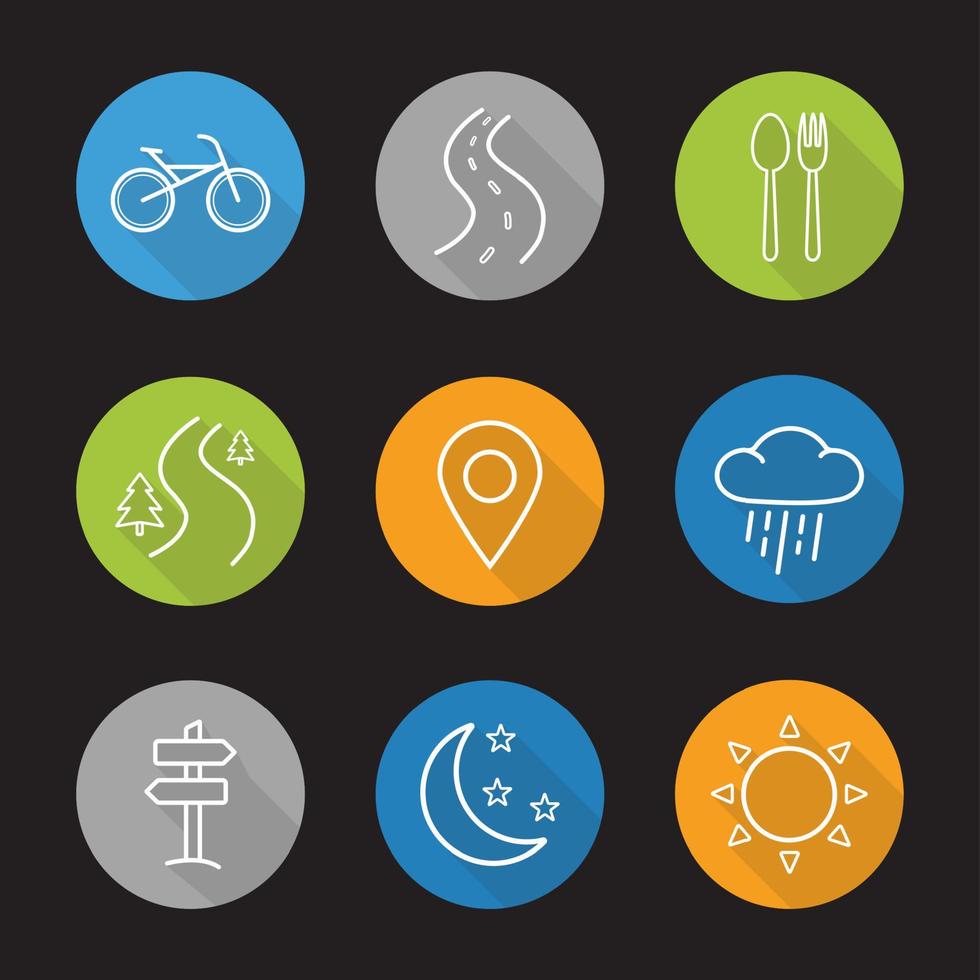 Camping flat linear long shadow icons set. Bike, highway, fork and spoon, forest road, pinpoint, rain, signpost, moon with stars and sun. Vector line symbols