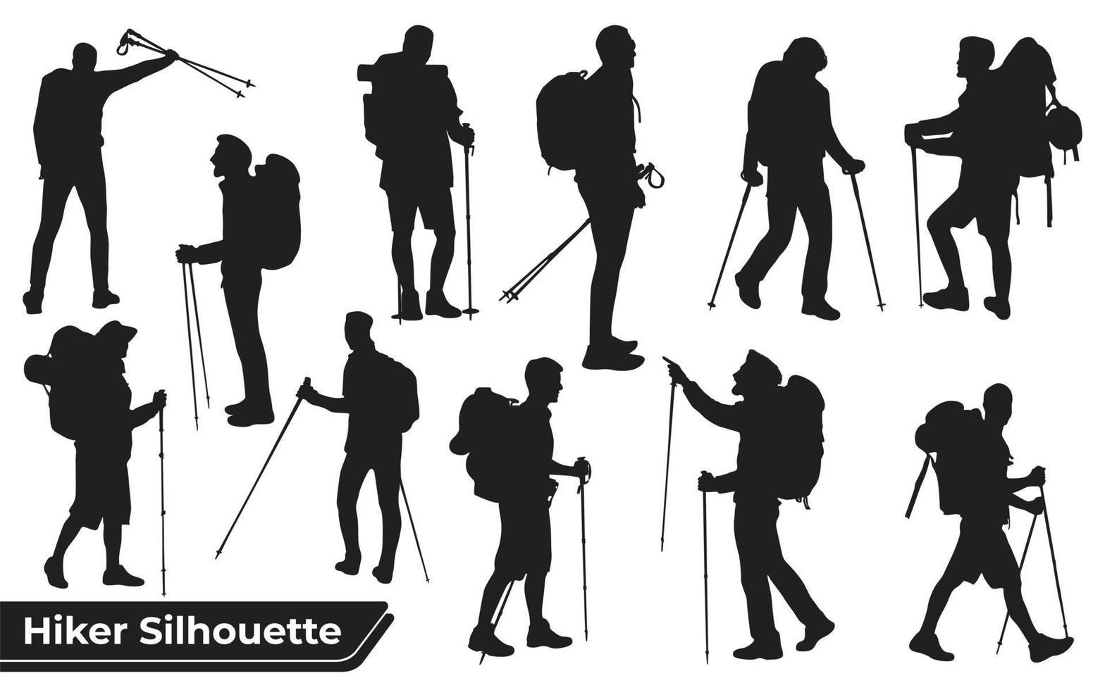 Collection of Hiker in mountains silhouettes in different poses vector