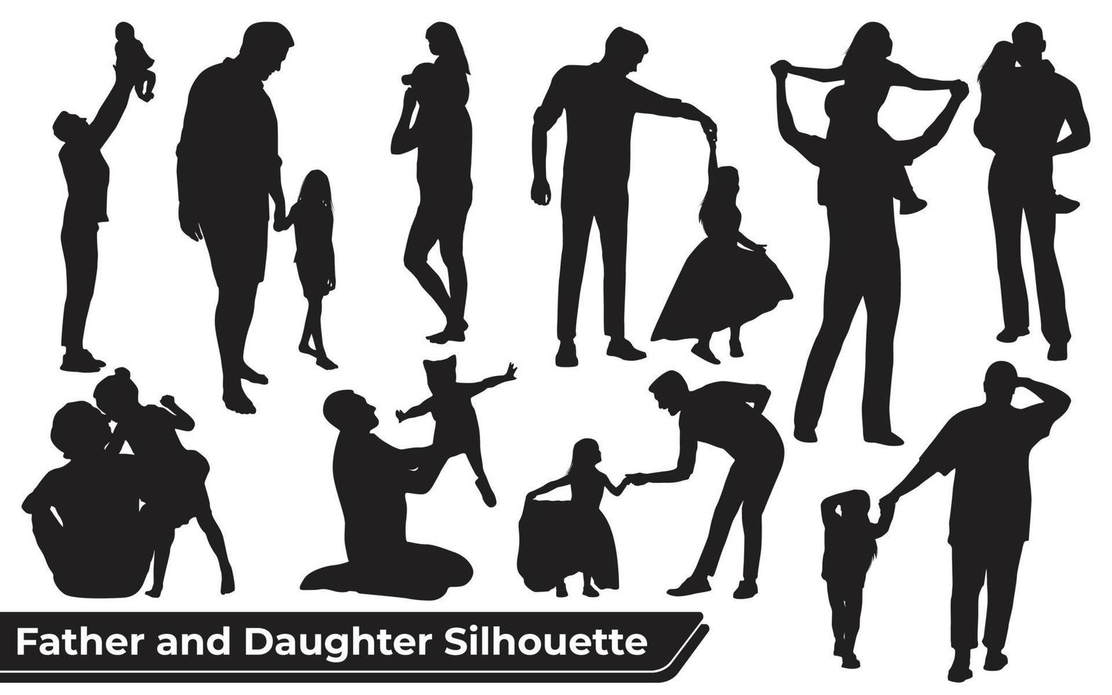 Colección de siluetas de padre e hija en diferentes poses. vector