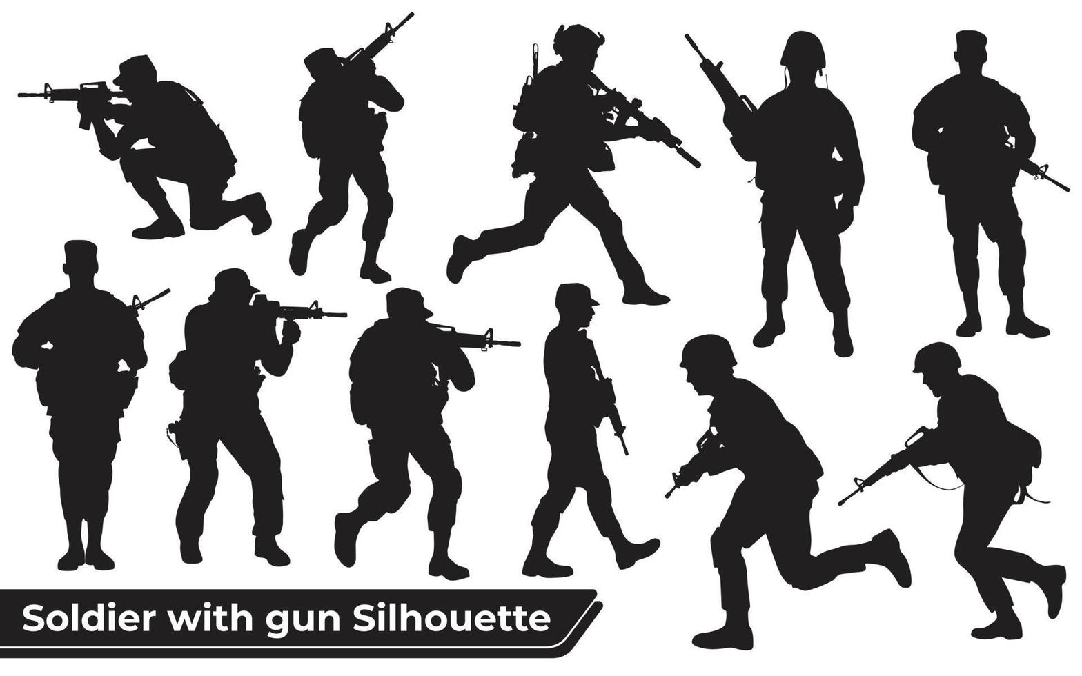 Colección de soldados con siluetas de armas en diferentes poses. vector