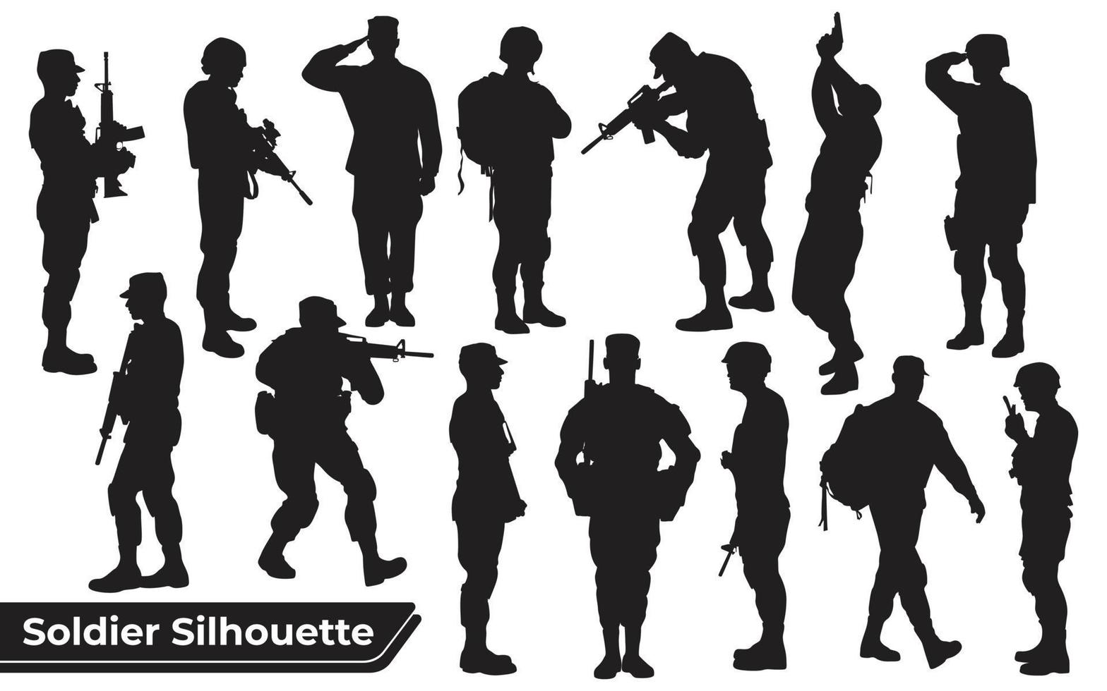 Colección de soldados con siluetas de armas en diferentes poses. vector