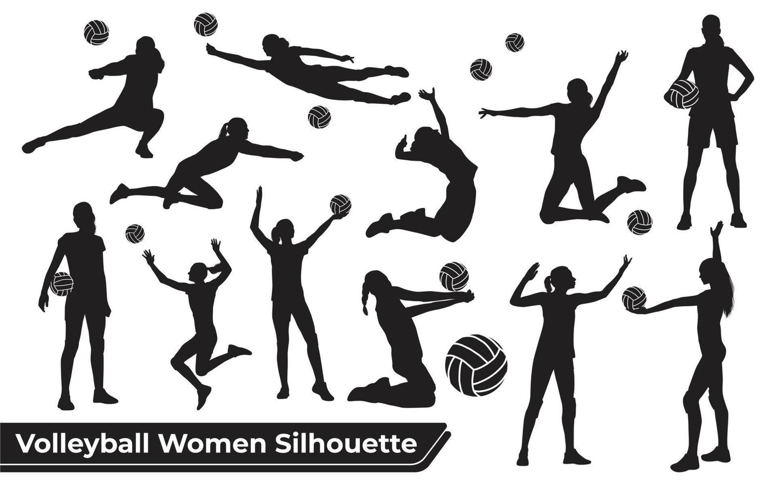 Colección de siluetas de mujer de jugador de voleibol en diferentes poses vector