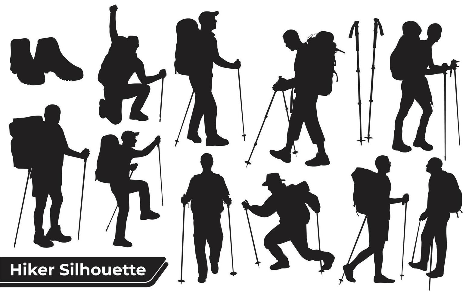 Collection of Hiker in mountains silhouettes in different poses vector